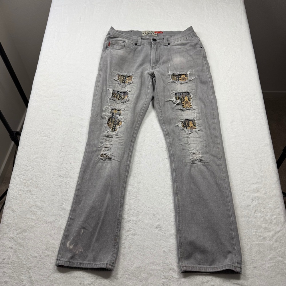 Kayden‎ K Slim Jeans Mens 30x30 Grey Good Distressed Patchwork Streetwear